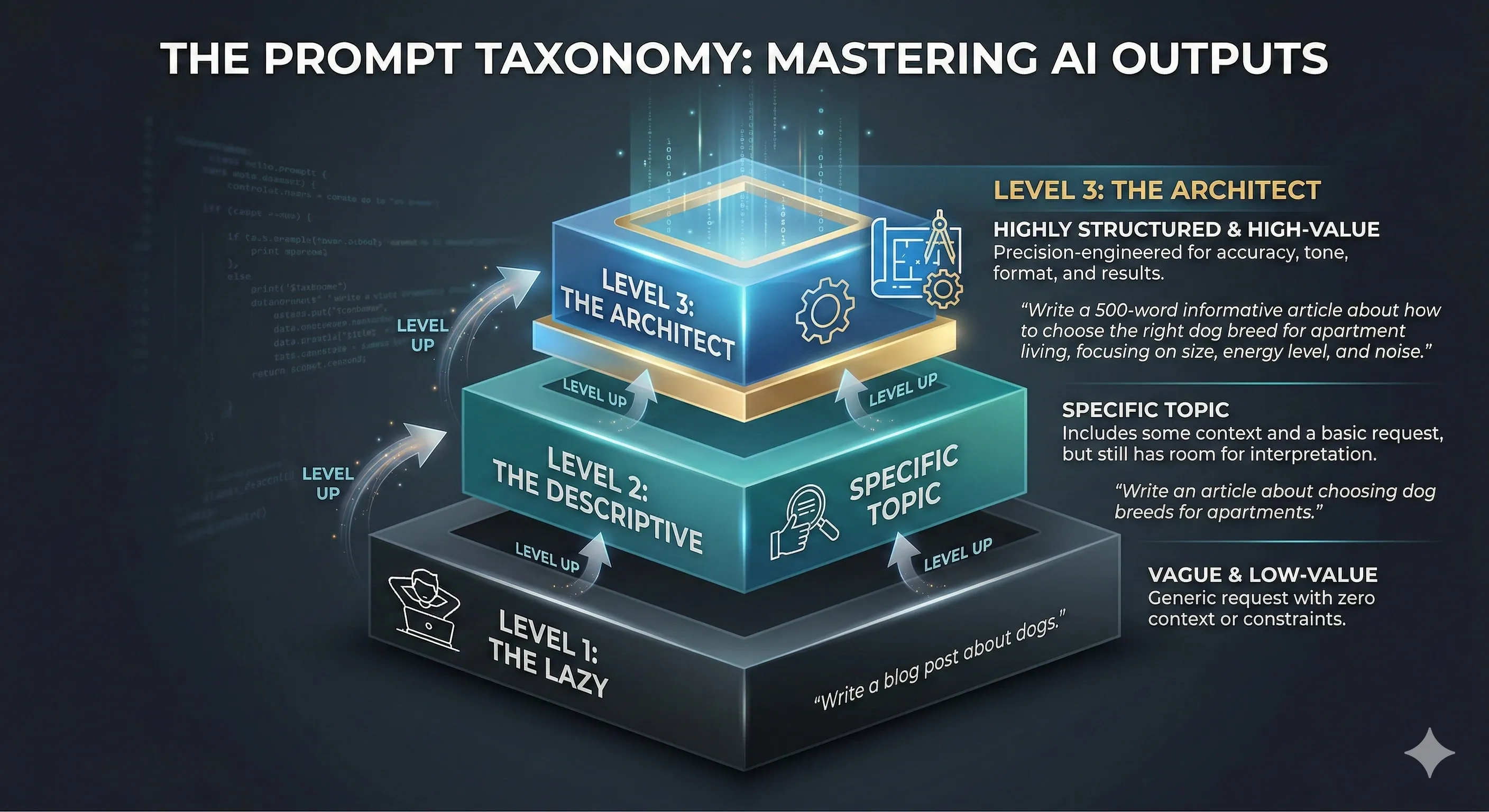 The three levels of prompt mastery from basic to advanced